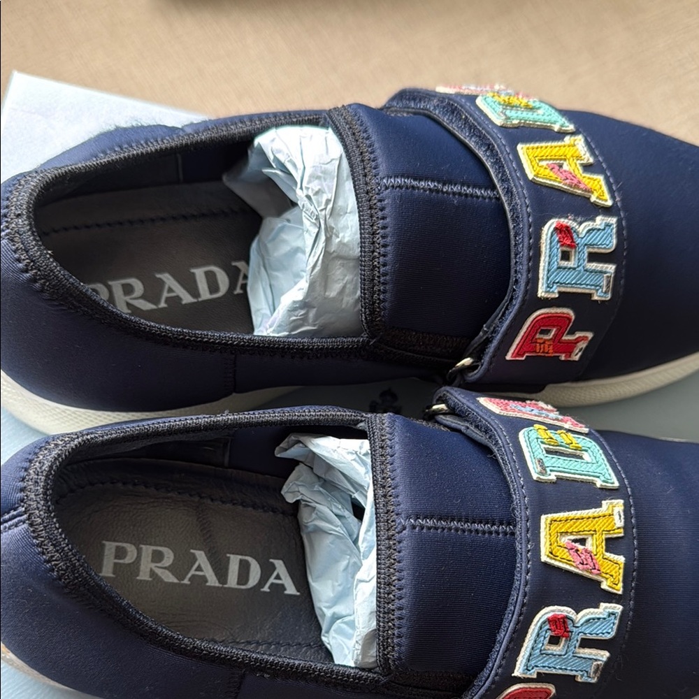 Prada Navy Sneakers with Multicolor Logo - Picture 4 of 8